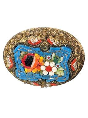 Micro Mosaic Flower Brooch Gold Tone Multi Color Made In Italy Art Deco VTG